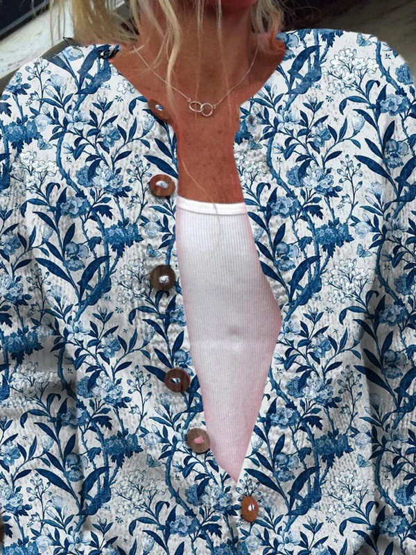 Aubrey | Elegant Blue And White Floral Pattern Print Buttoned Cardigan Sweater