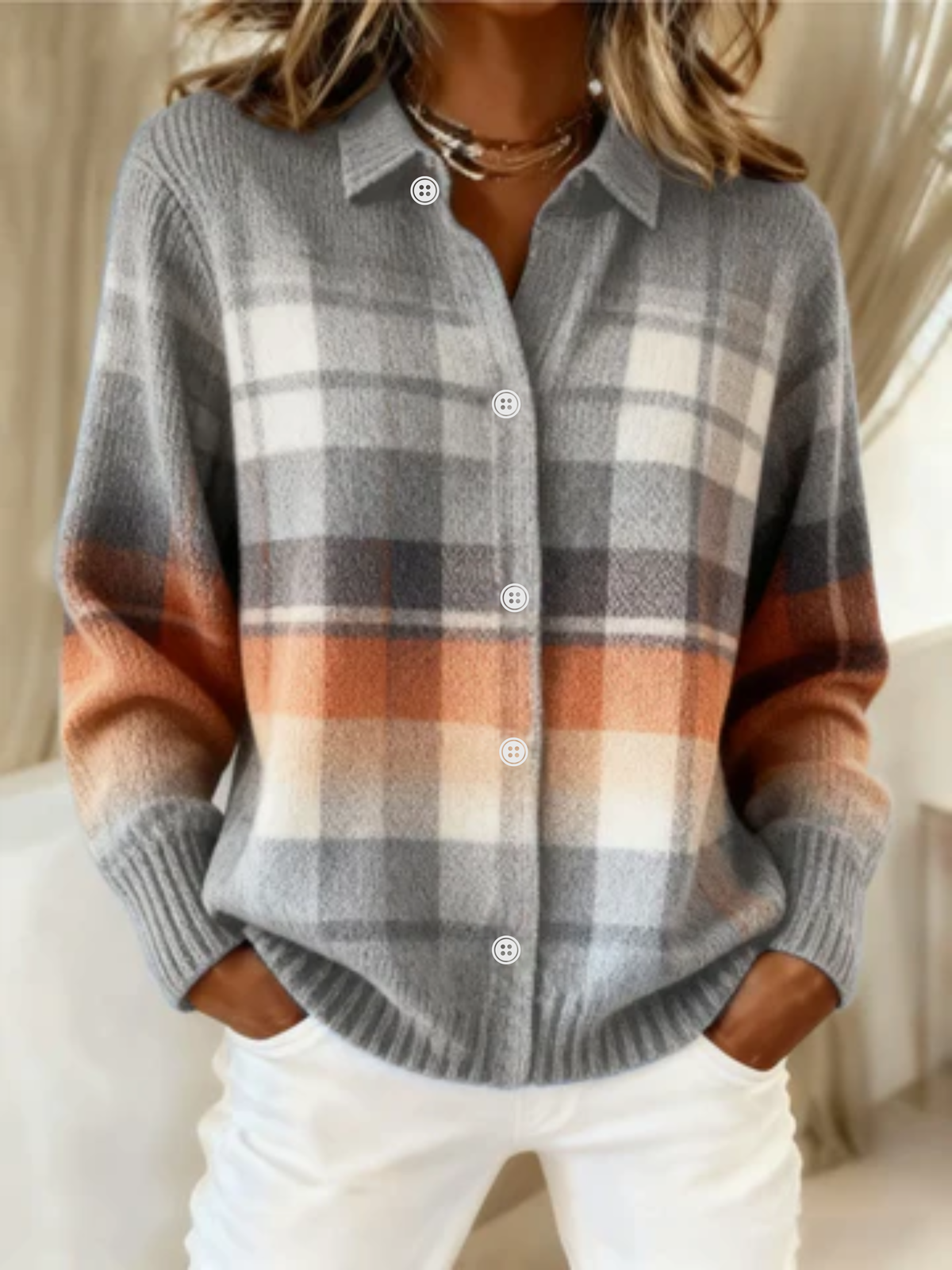 Addison – Checked Hoodie Blouse in Soft Tones