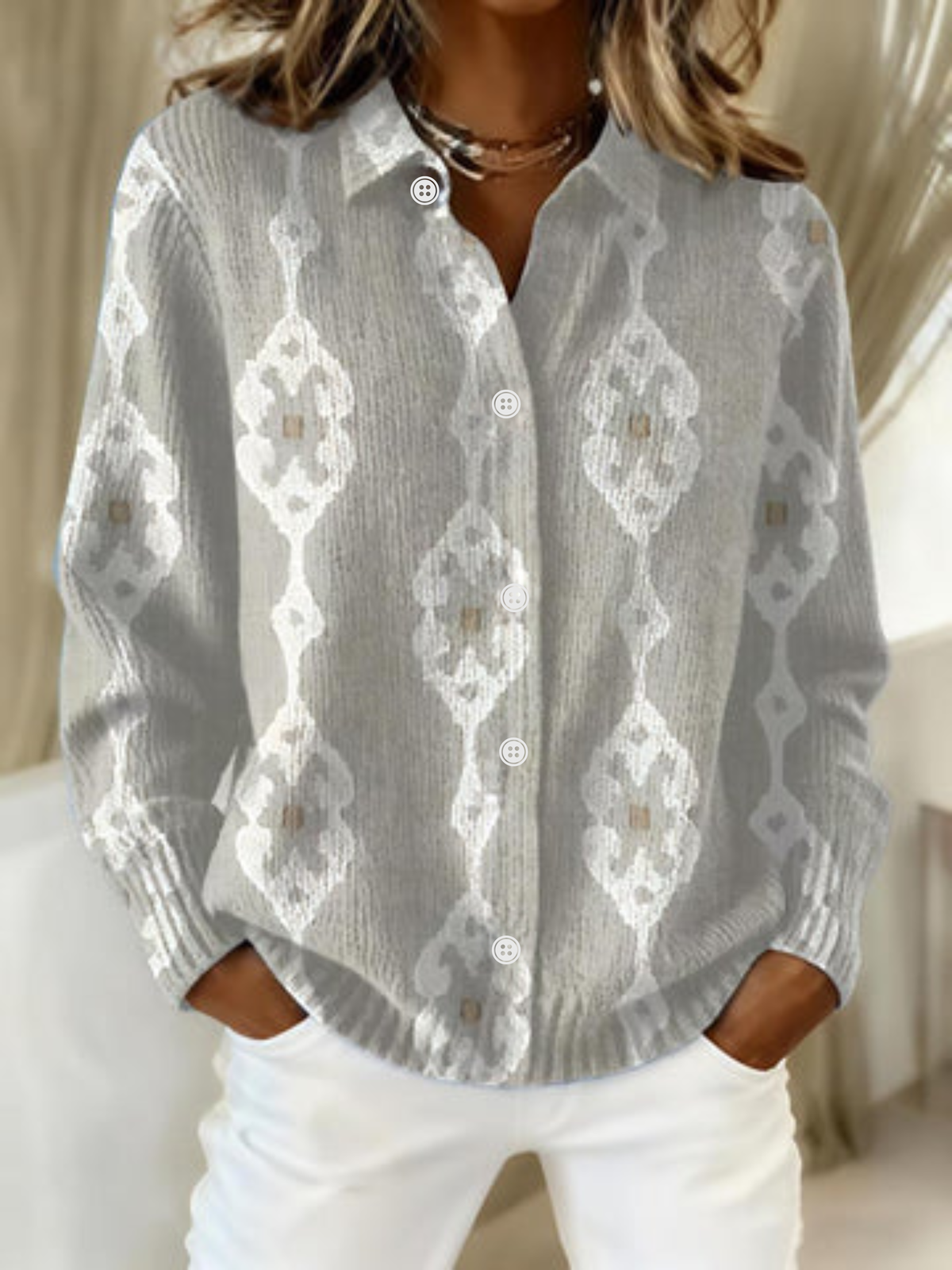 Lily – Elegant Knit Hoodie Blouse with Diamond Pattern