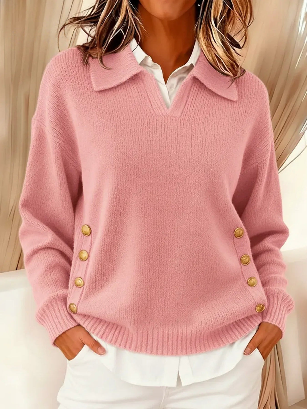 Lorayne | Knit Sweater with Pink Button Accents