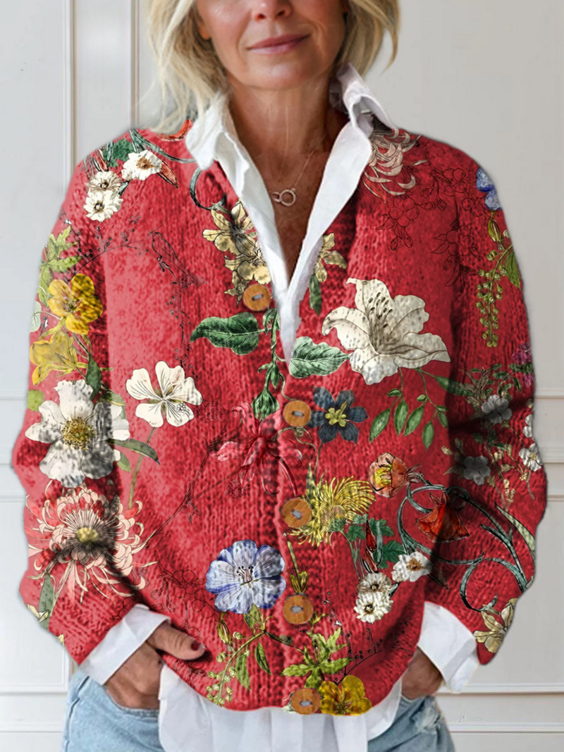 Olivia | Vintage Floral Art Print Buttoned Cardigan Sweater