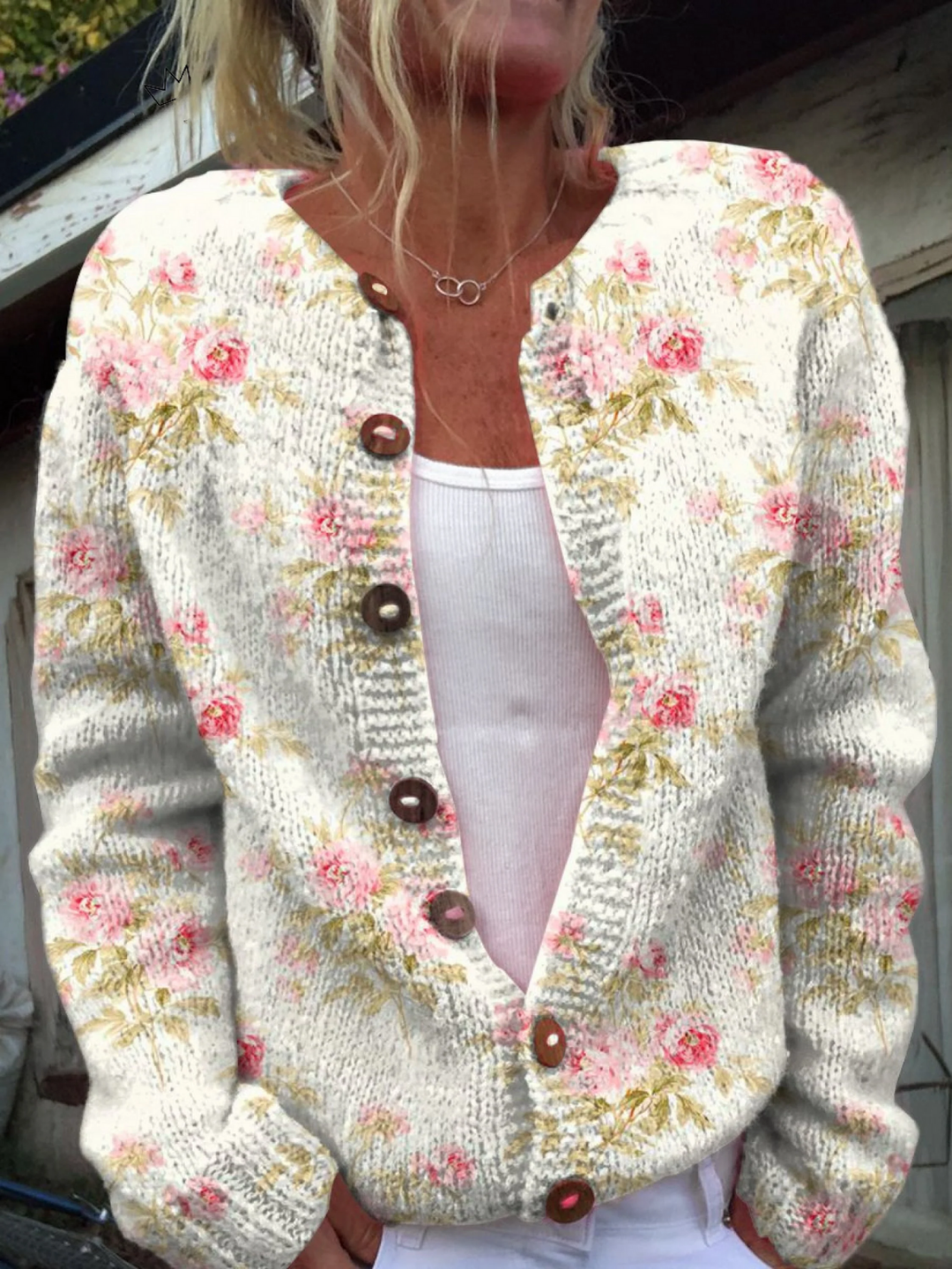Riley | Fresh Pink Flowers and Green Leaves Print Buttoned Cardigan Sweater