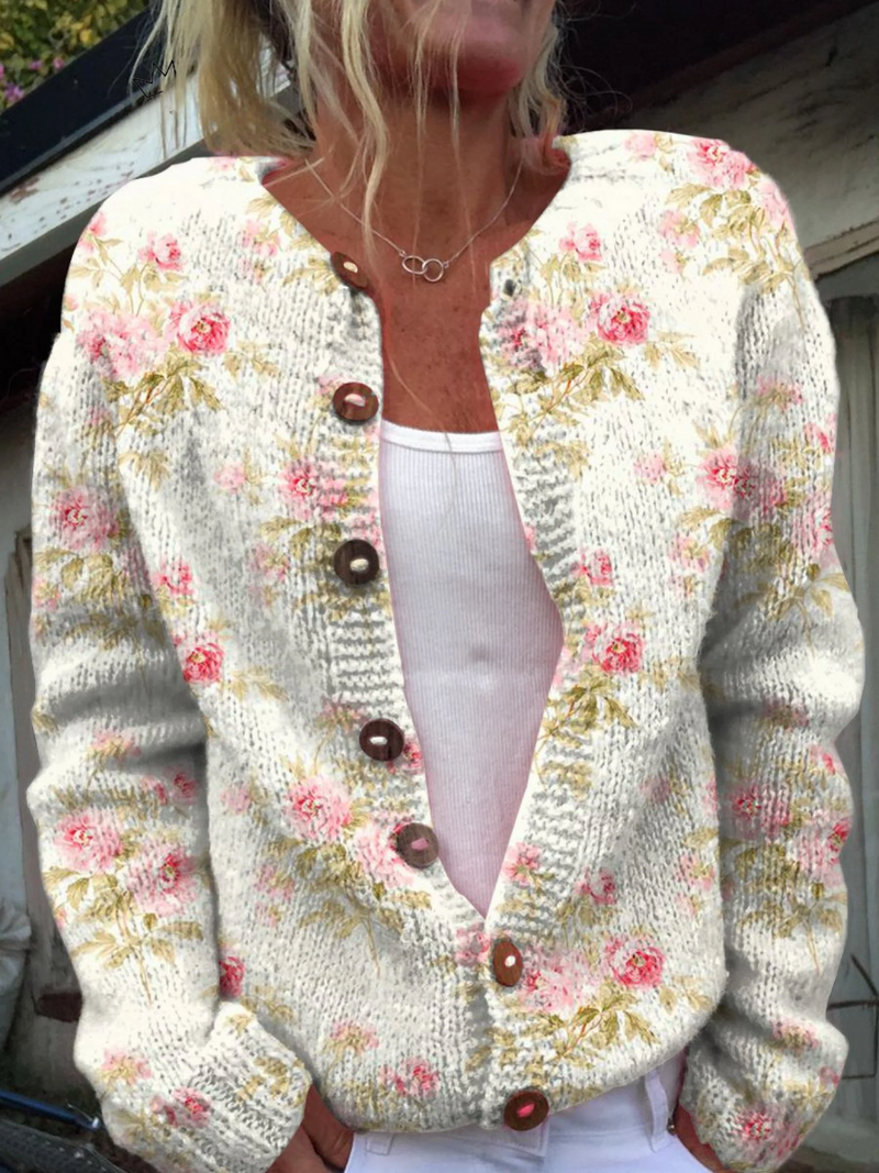 Riley | Fresh Pink Flowers and Green Leaves Print Buttoned Cardigan Sweater
