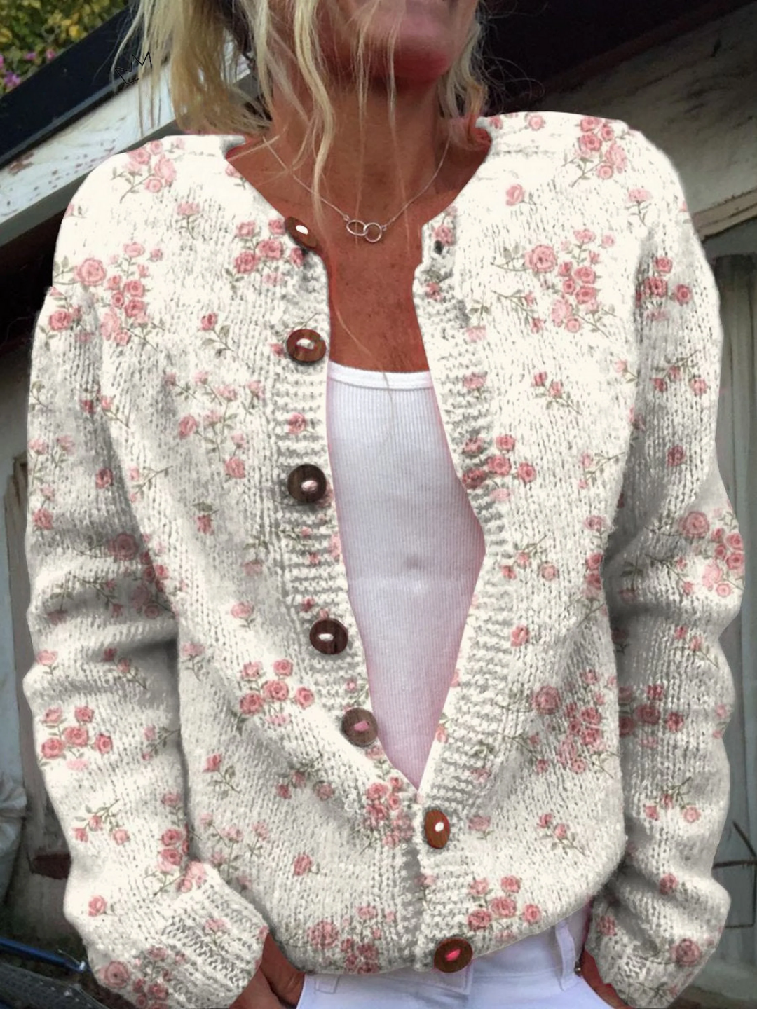 Grace | Pink Rose Florets Print Buttoned Cardigan Sweater