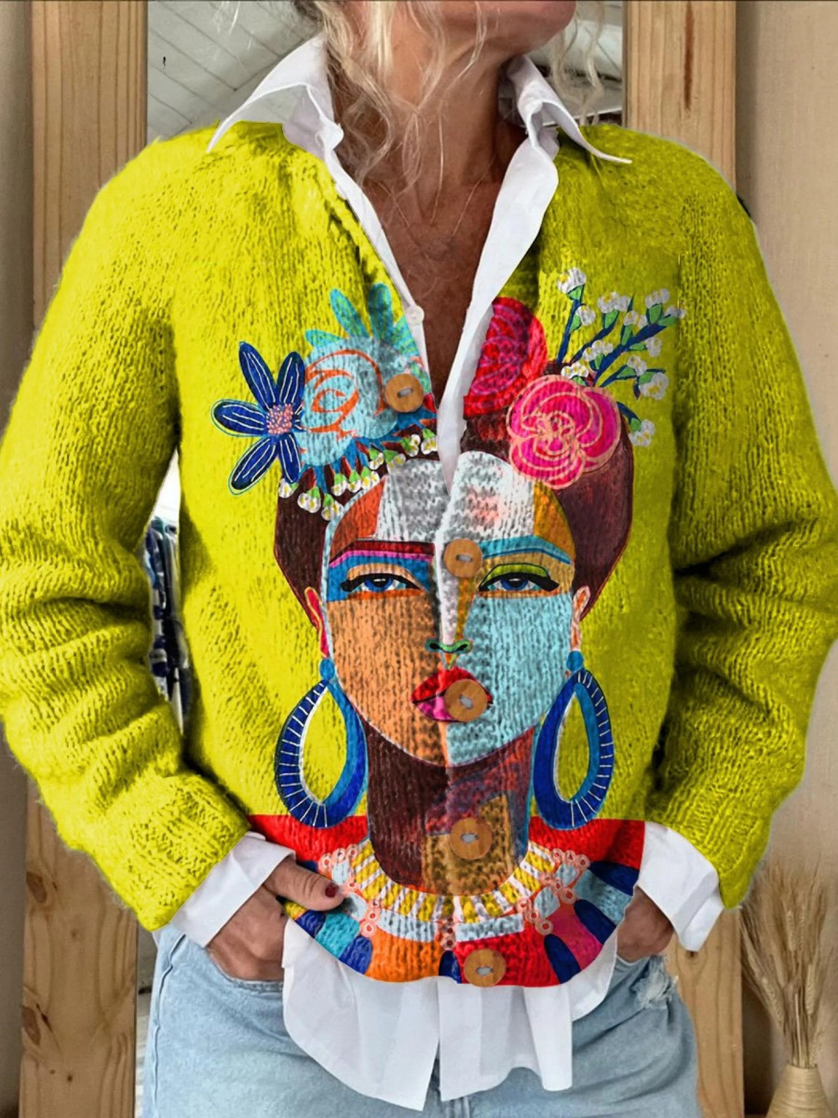 Aria | Oil Painting Freda Portrait Art Printed Buttoned Cardigan Sweater