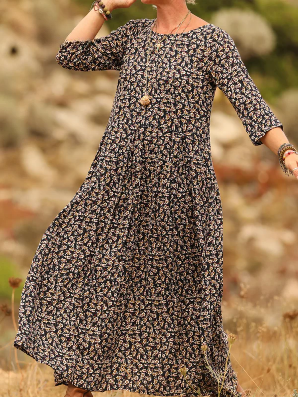 Elena Comfortable Pleated Cotton and Linen Dress