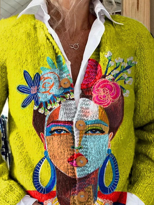 Aria | Oil Painting Freda Portrait Art Printed Buttoned Cardigan Sweater