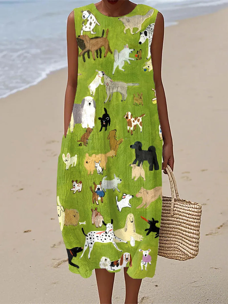 Charlotte | Oil Painting Dog Print Midi Dress