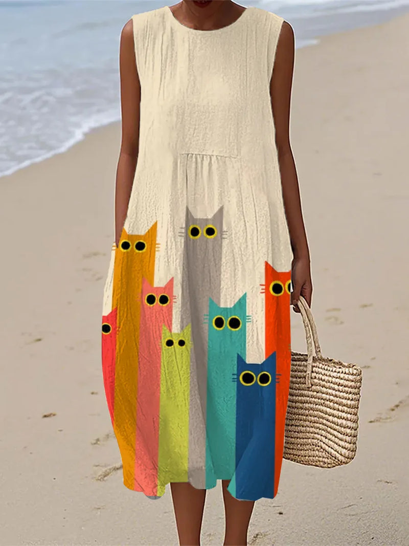 Paige | Colorful Cat Art Print Midi Dress