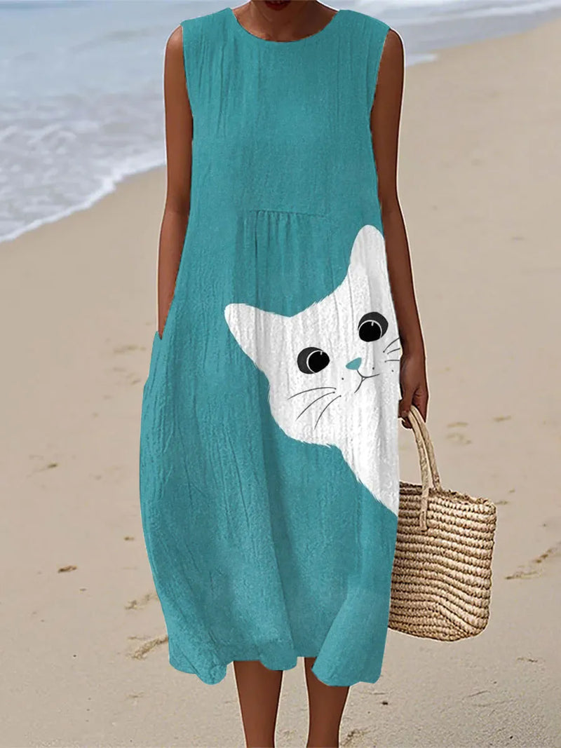 Sadie | Cute Cat Art Print Midi Dress