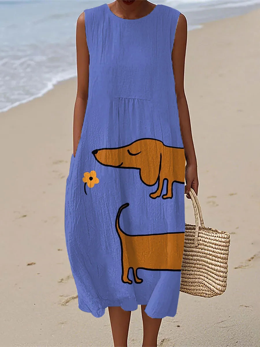 Julia | Women's Dachshund Art Print Linen Dress