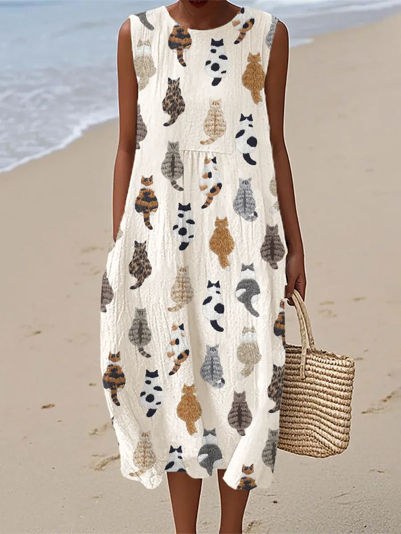 Mila | Cute Cat Art Print Midi Dress