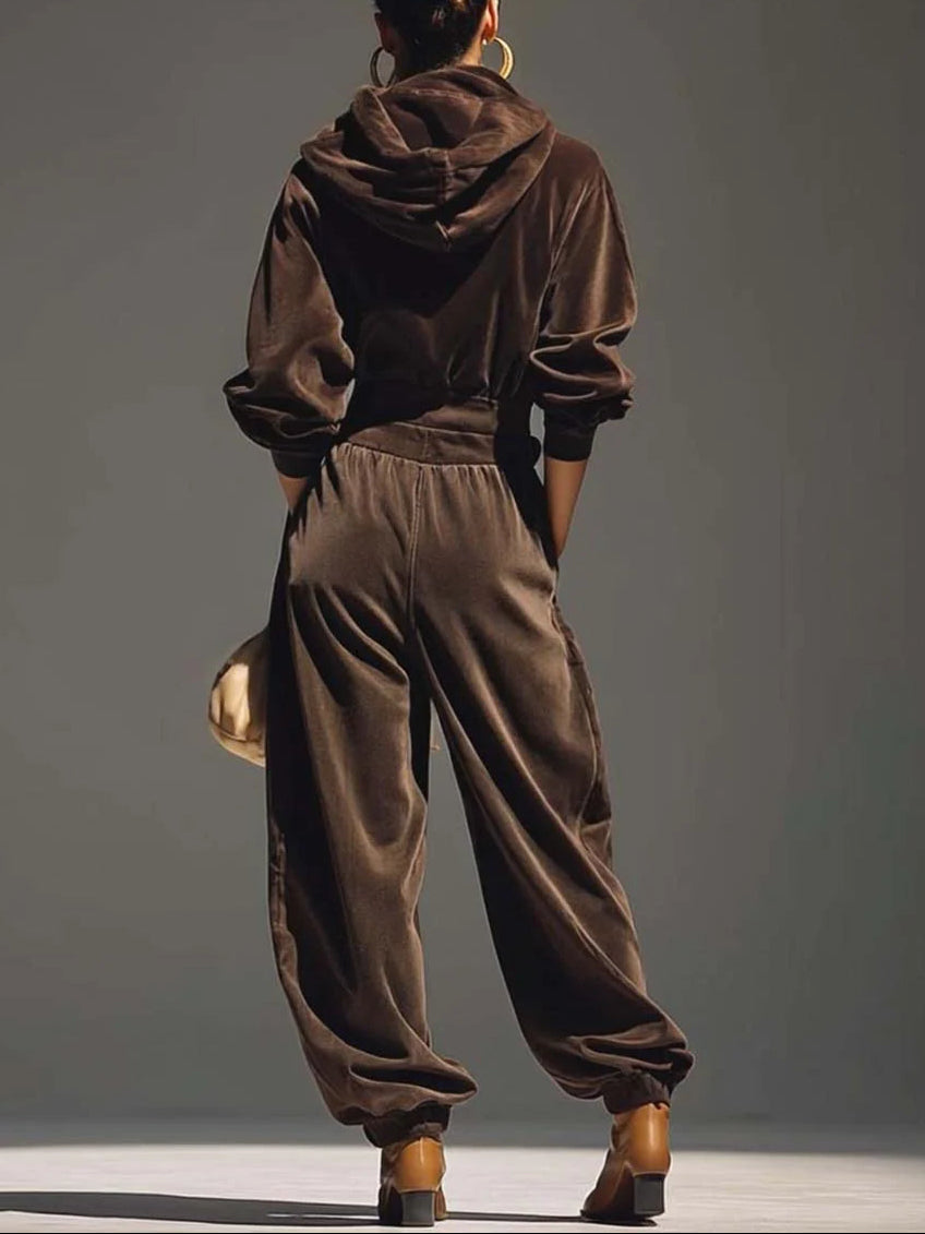 Dakota brown velvet hoodie and loose pants set (Includes belt)