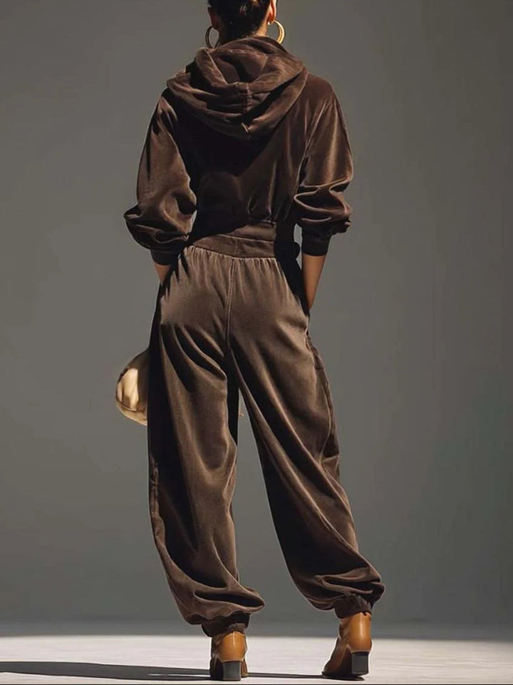 Dakota brown velvet hoodie and loose pants set (Includes belt)