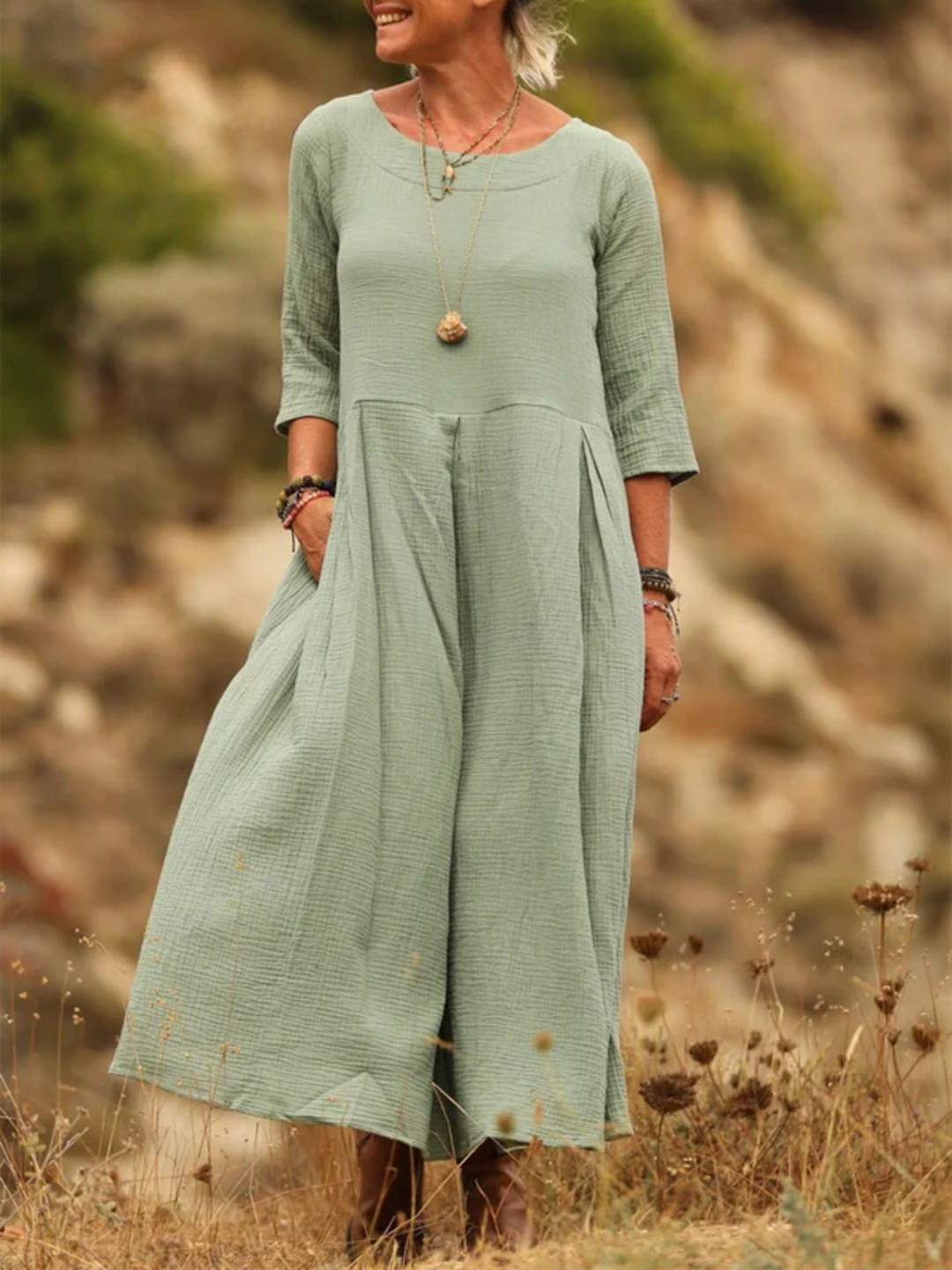 Elena Comfortable Pleated Cotton and Linen Dress