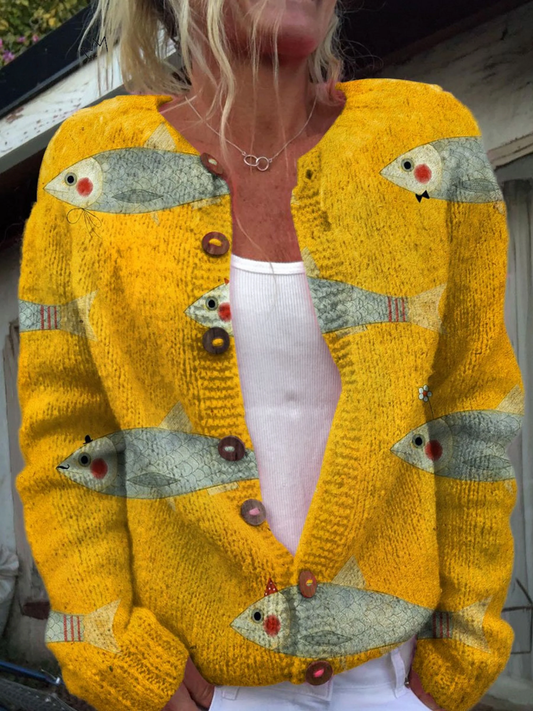 Abigail | Vintage Fish Sardines Art Print Buttoned Cardigan Sweater