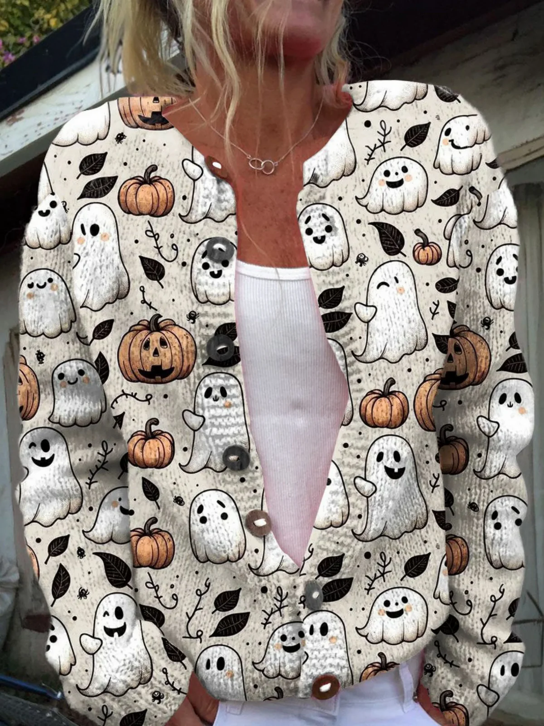 Scarlett | Funny Ghost Halloween  Art Print  Buttoned Cardigan Sweater