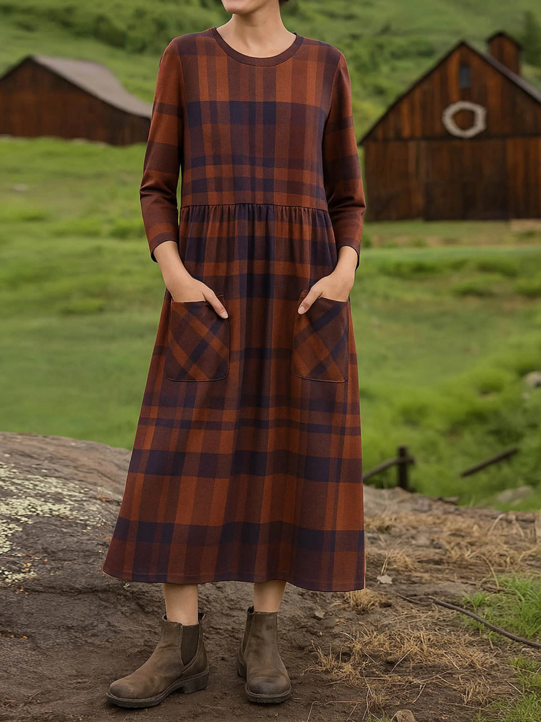 Women's Round Neck Long Sleeve Plaid Print Casual Cotton A-Line Dress