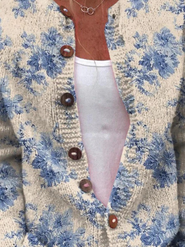 Chloe | Lovely Floral Art Print Buttoned Cardigan Sweater