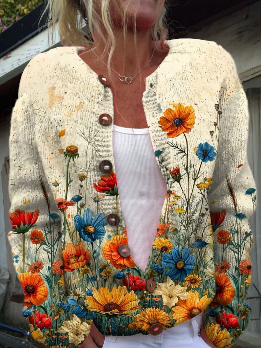Charlotte | Vintage Flower Art Print Buttoned Cardigan Sweater