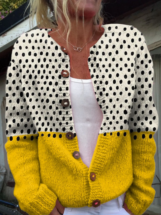 Amelia | Yellow Geometric Polka Dots Print Buttoned Cardigan Sweater