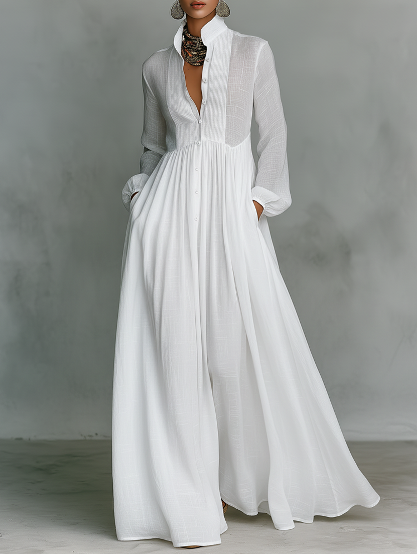 Abigail | Maxi Minimalist in Cotton and Linen with Patchwork, High Collar and Long Sleeves
