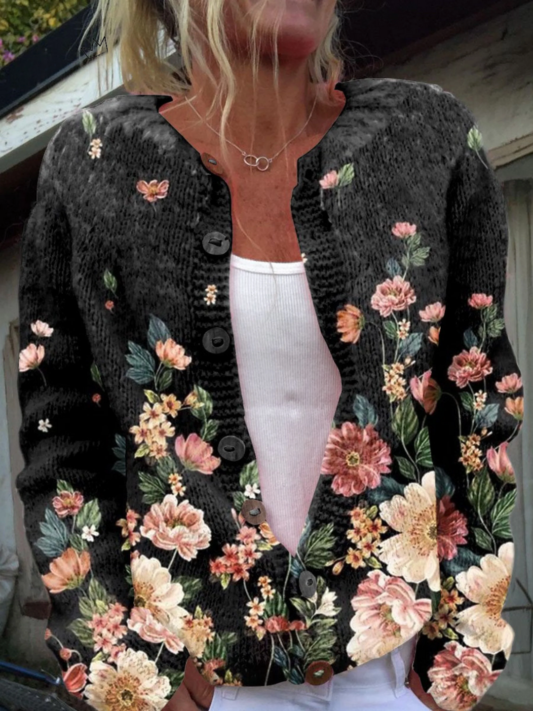 Harper | Floral Print Buttoned Casual Cardigan  Sweater