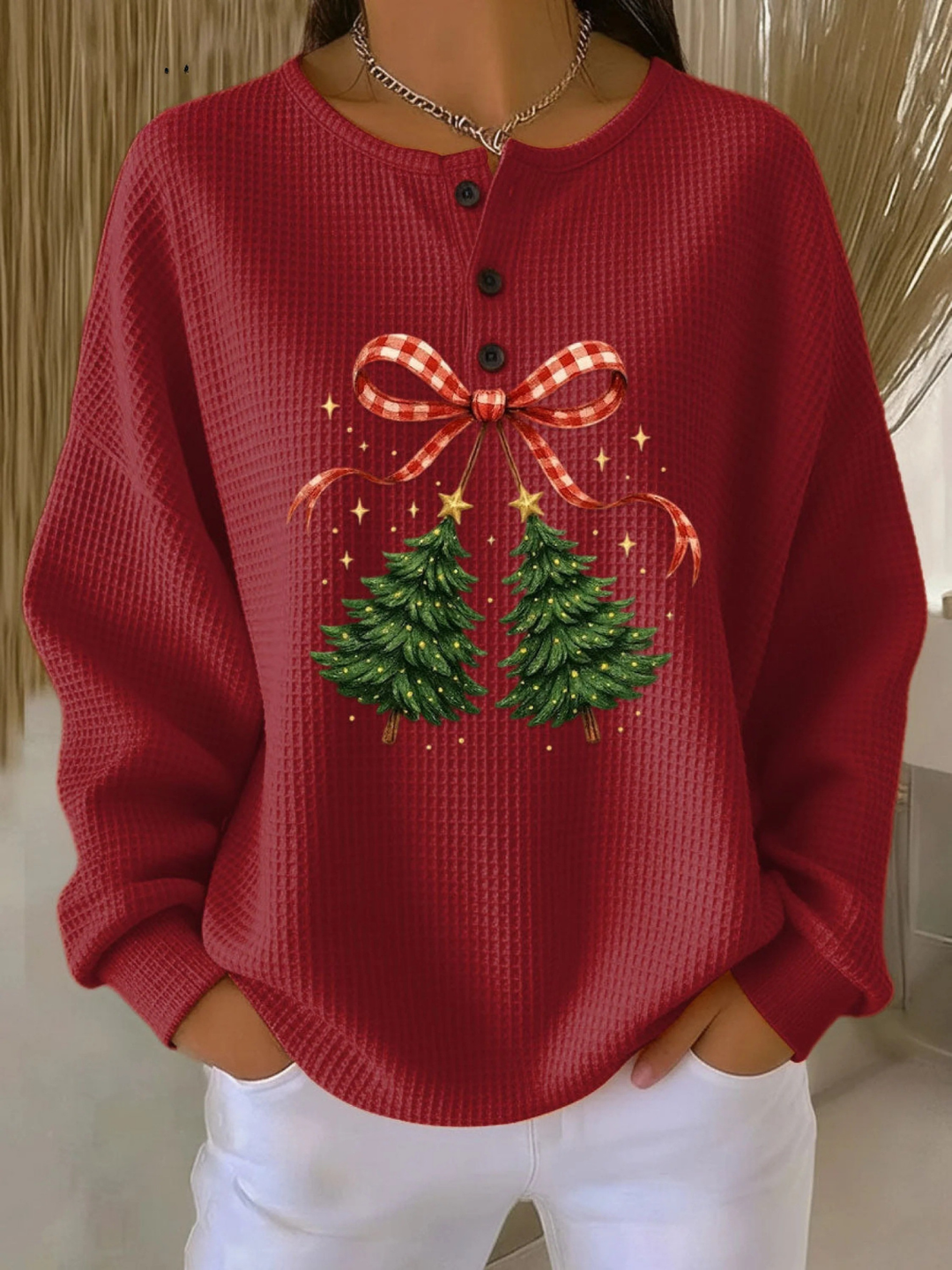 Women's Vintage Christmas Tree Art Print Casual Cotton Shirt