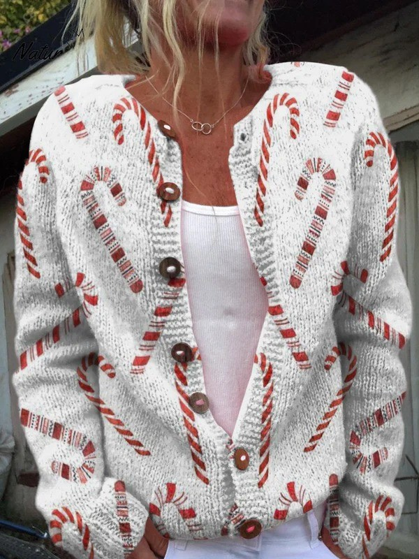 Ella | Festive Candy Cane Decorative Pattern Buttoned Cardigan Sweater