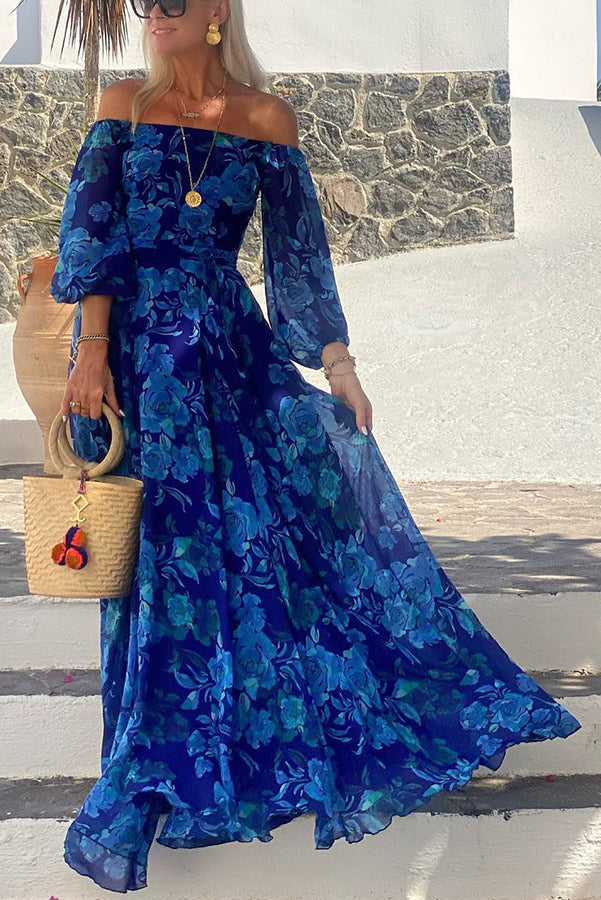 Summer - Long dress with floral pattern and off-the-shoulder sleeves