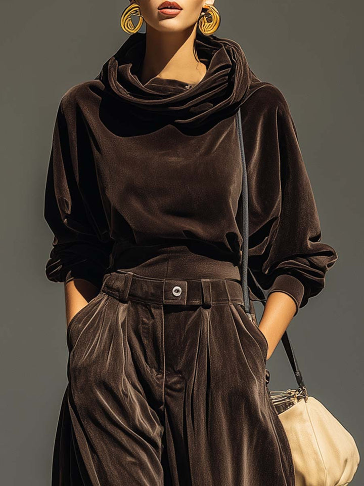 Dakota brown velvet hoodie and loose pants set (Includes belt)