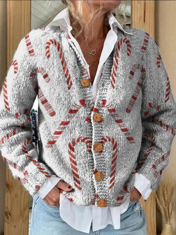 Ella | Festive Candy Cane Decorative Pattern Buttoned Cardigan Sweater