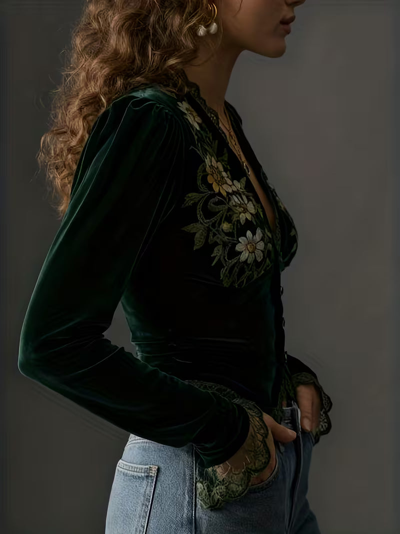 Delilah | Long-Sleeve Velvet Blouse with Embroidered Flowers