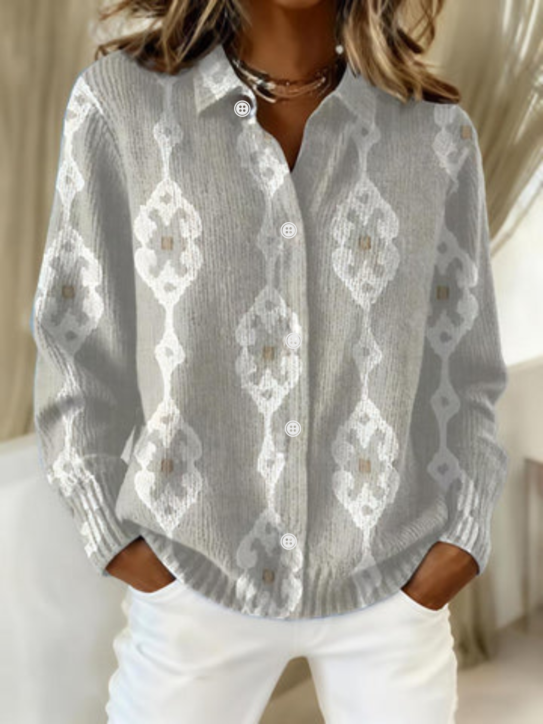 Lily – Elegant Knit Hoodie Blouse with Diamond Pattern