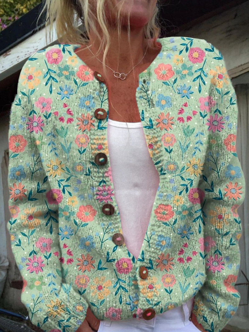 Victoria | Summer Field Floral Pattern Print Buttoned Cardigan Sweater