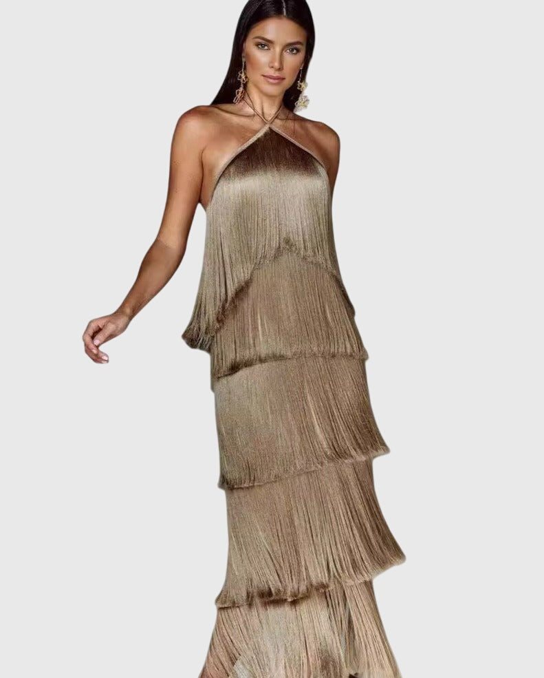 ARIELLE | HALTER TASSEL DRESS