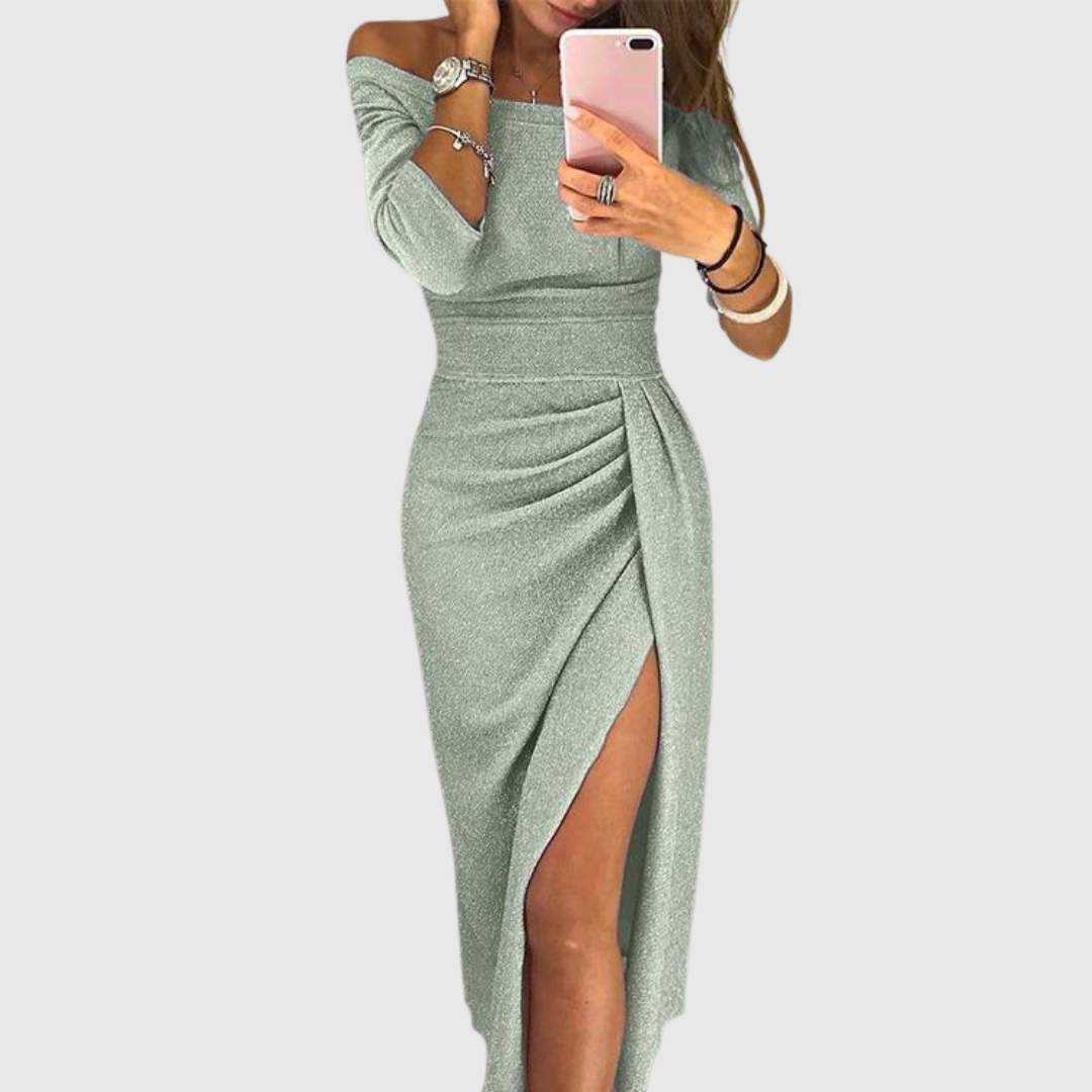 ELINA | OFF-SHOULDER SHIMMER DRESS