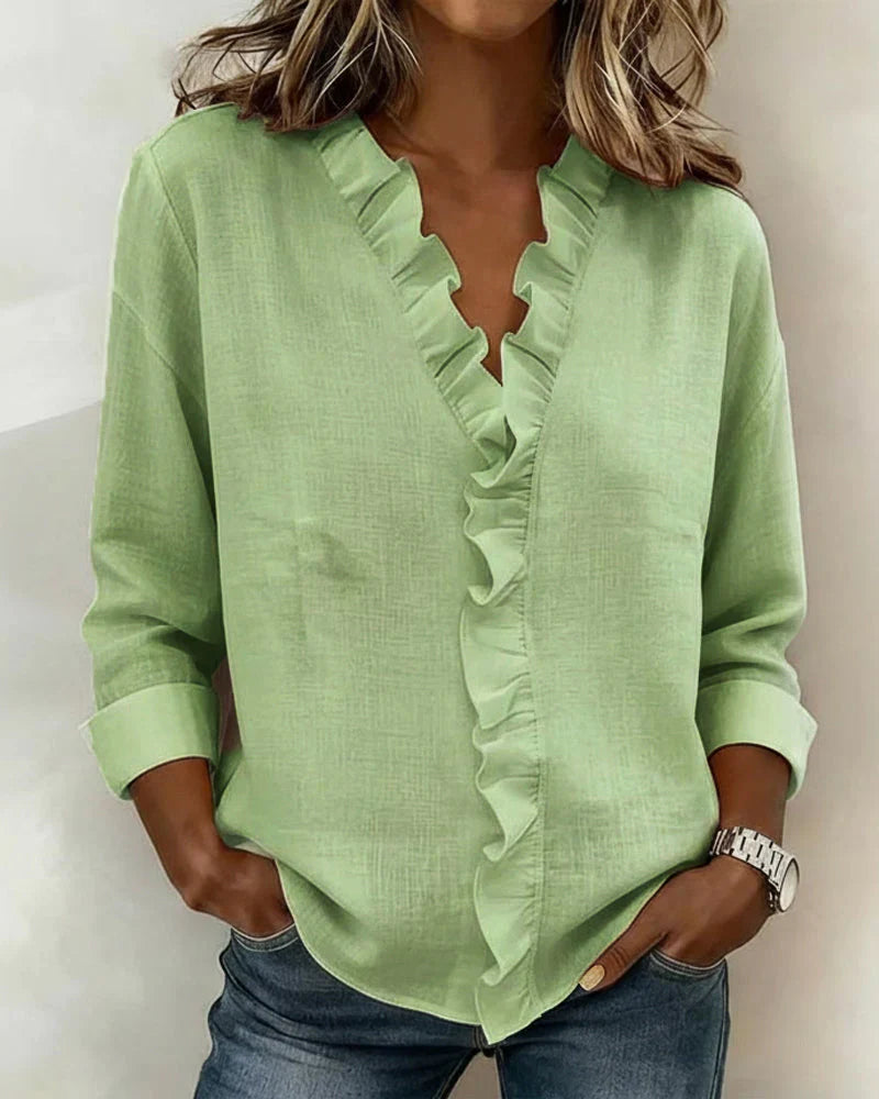 Elowen | Blouse with Ruffles, V-Neck and Long Sleeves