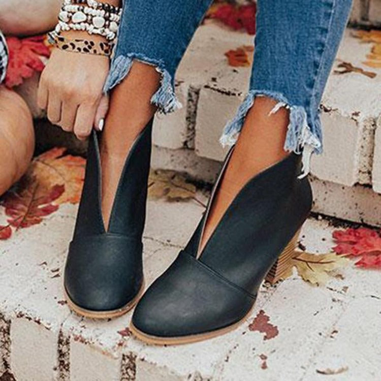 Evelyn Ankle Boots - Almond Toe - Chunky Stacked Heel - Slip-On Casual Wear