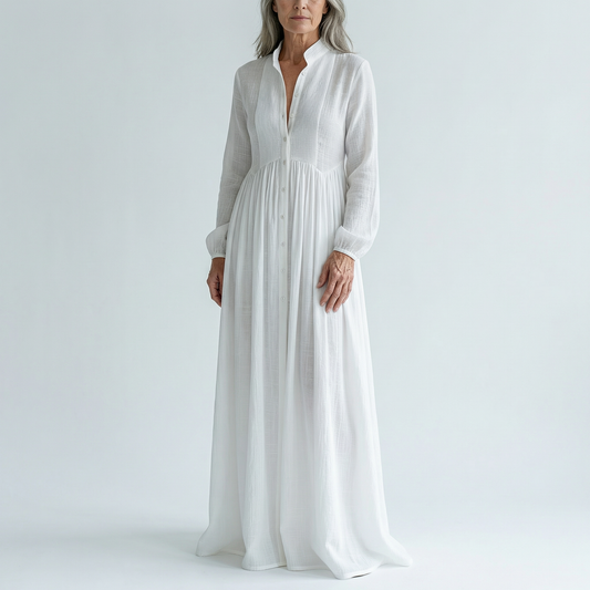 Abigail | Maxi Minimalist in Cotton and Linen with Patchwork, High Collar and Long Sleeves