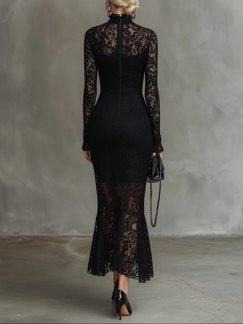 Kinsley black stretchy lace fishtail maxi dress