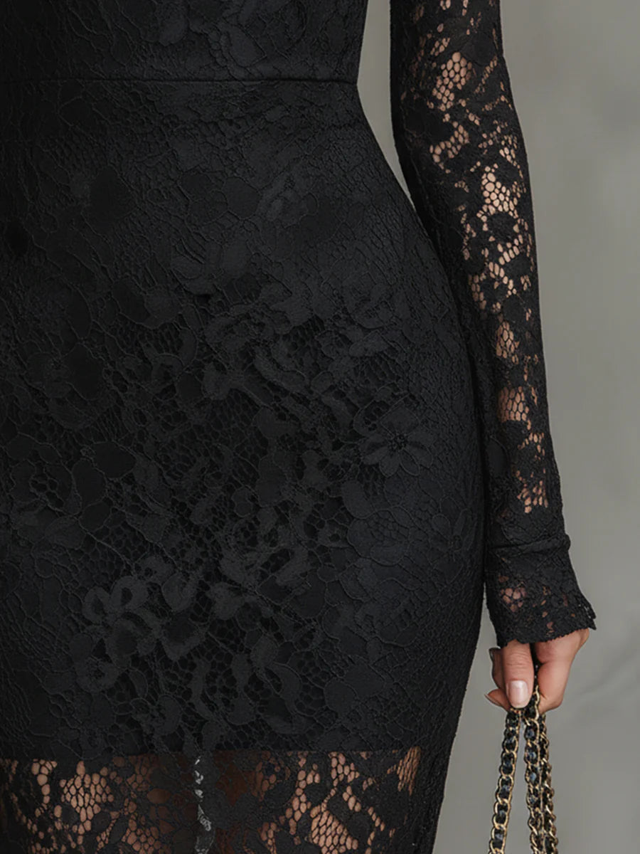 Kinsley black stretchy lace fishtail maxi dress