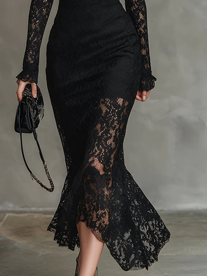 Kinsley black stretchy lace fishtail maxi dress