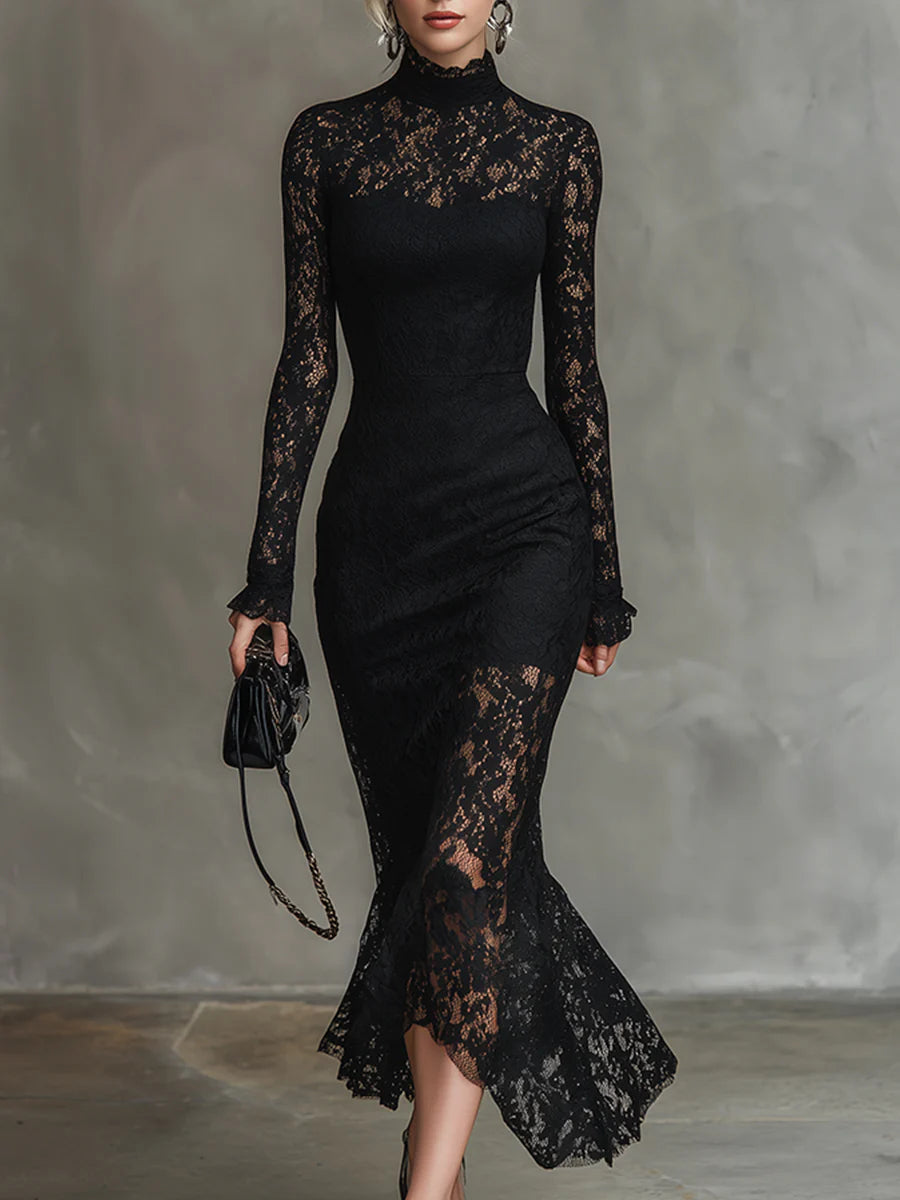 Kinsley black stretchy lace fishtail maxi dress