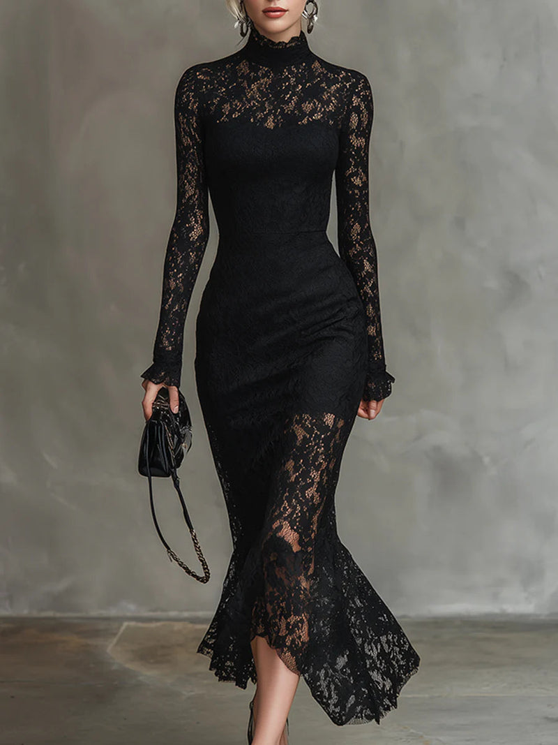 Kinsley black stretchy lace fishtail maxi dress
