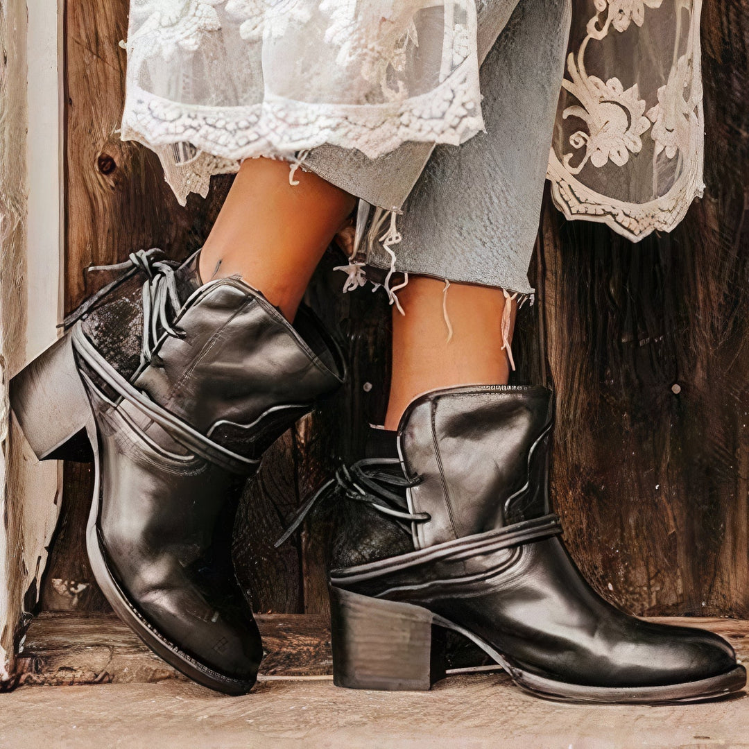 Avery Ankle Boots – Leather – Western Style – Block Heel – Wrapped Lacing Detail