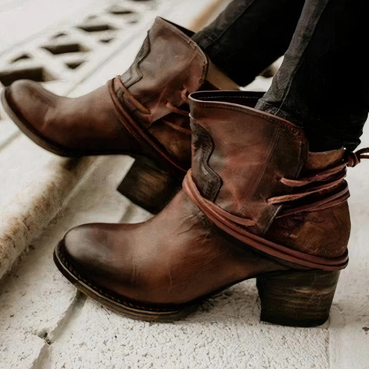 Avery Ankle Boots – Leather – Western Style – Block Heel – Wrapped Lacing Detail