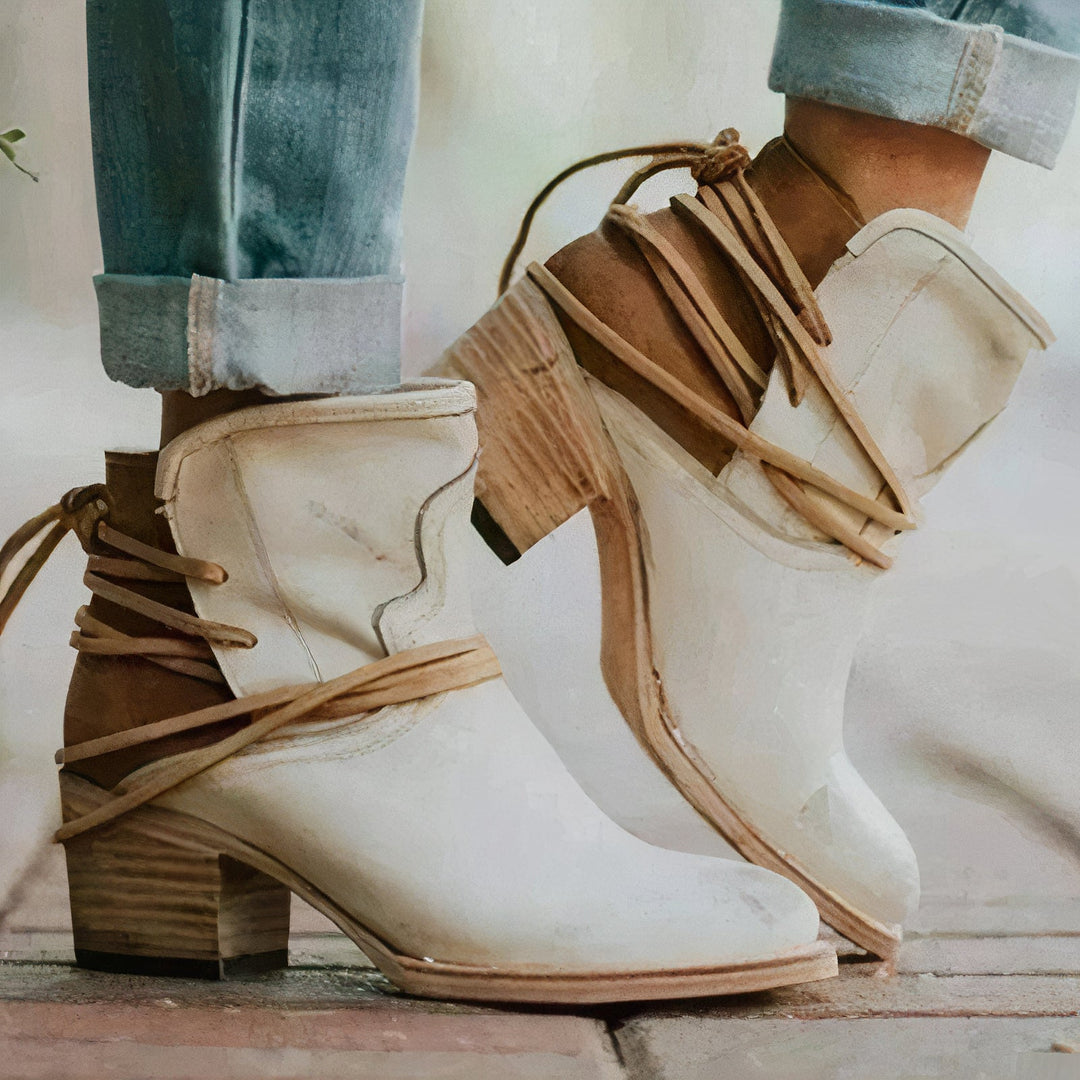 Avery Ankle Boots – Leather – Western Style – Block Heel – Wrapped Lacing Detail