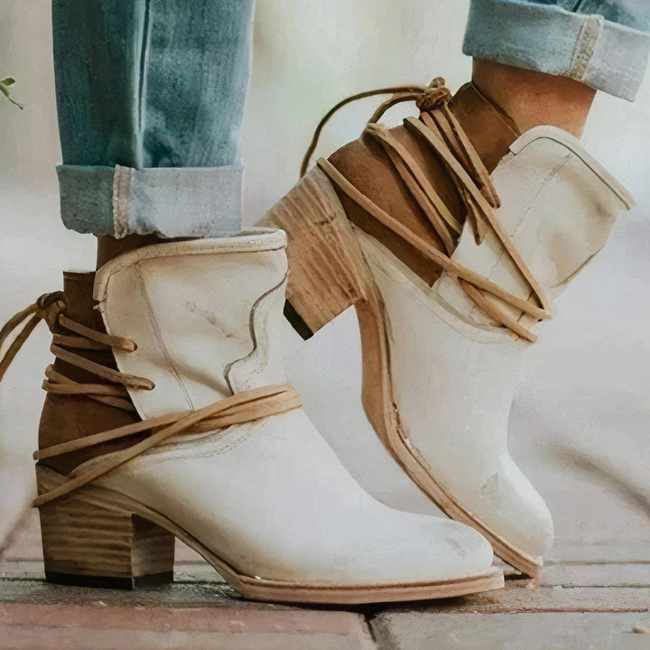 Avery Ankle Boots – Leather – Western Style – Block Heel – Wrapped Lacing Detail