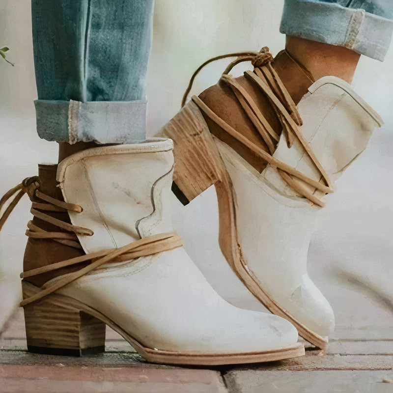 Avery Ankle Boots – Leather – Western Style – Block Heel – Wrapped Lacing Detail